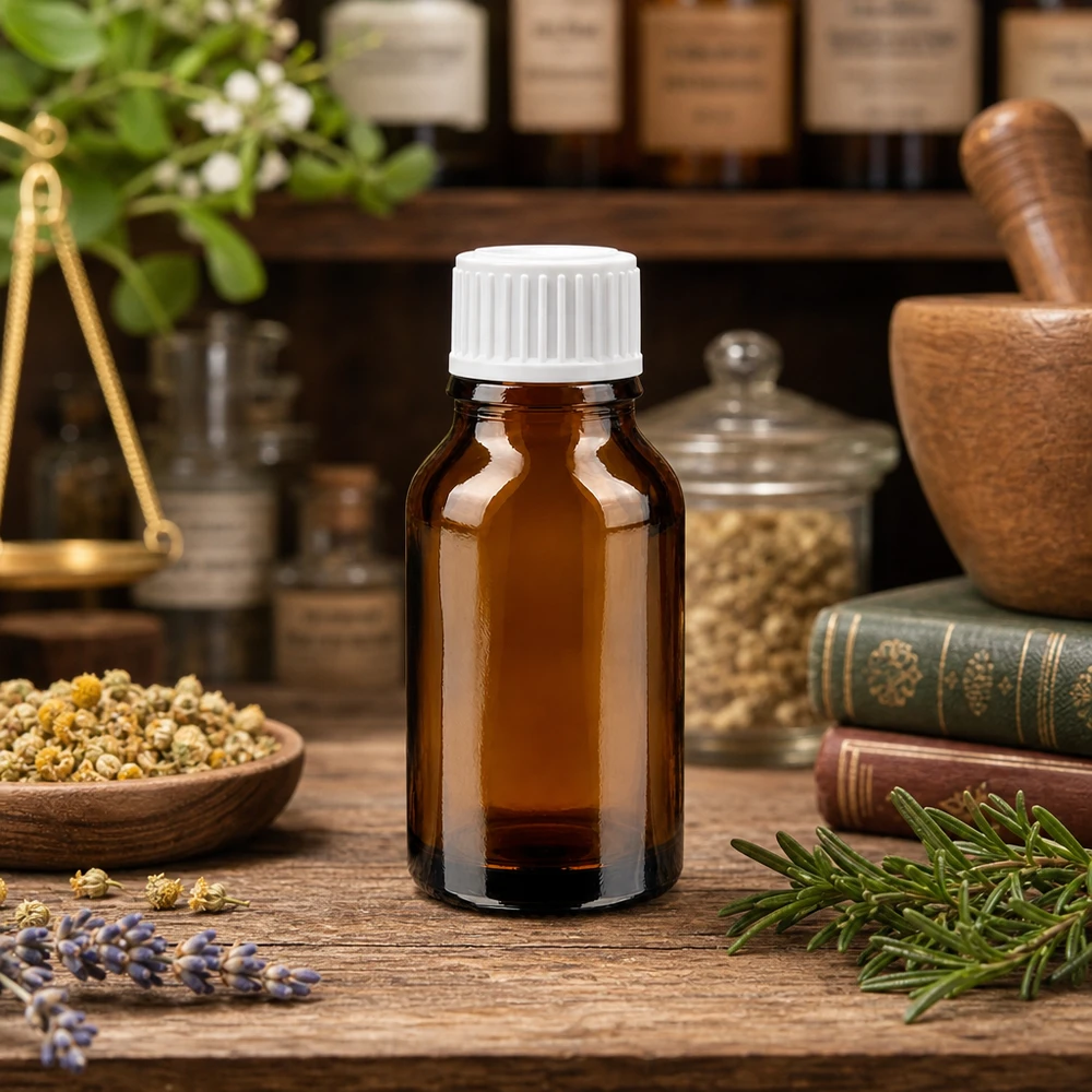 Apothekenflasche braun 15ml Schraubverschluss weiß Standard Tropfflasche braun 15ml mit Schraubverschluss weiß neben Kamillenblüten und goldener Waage