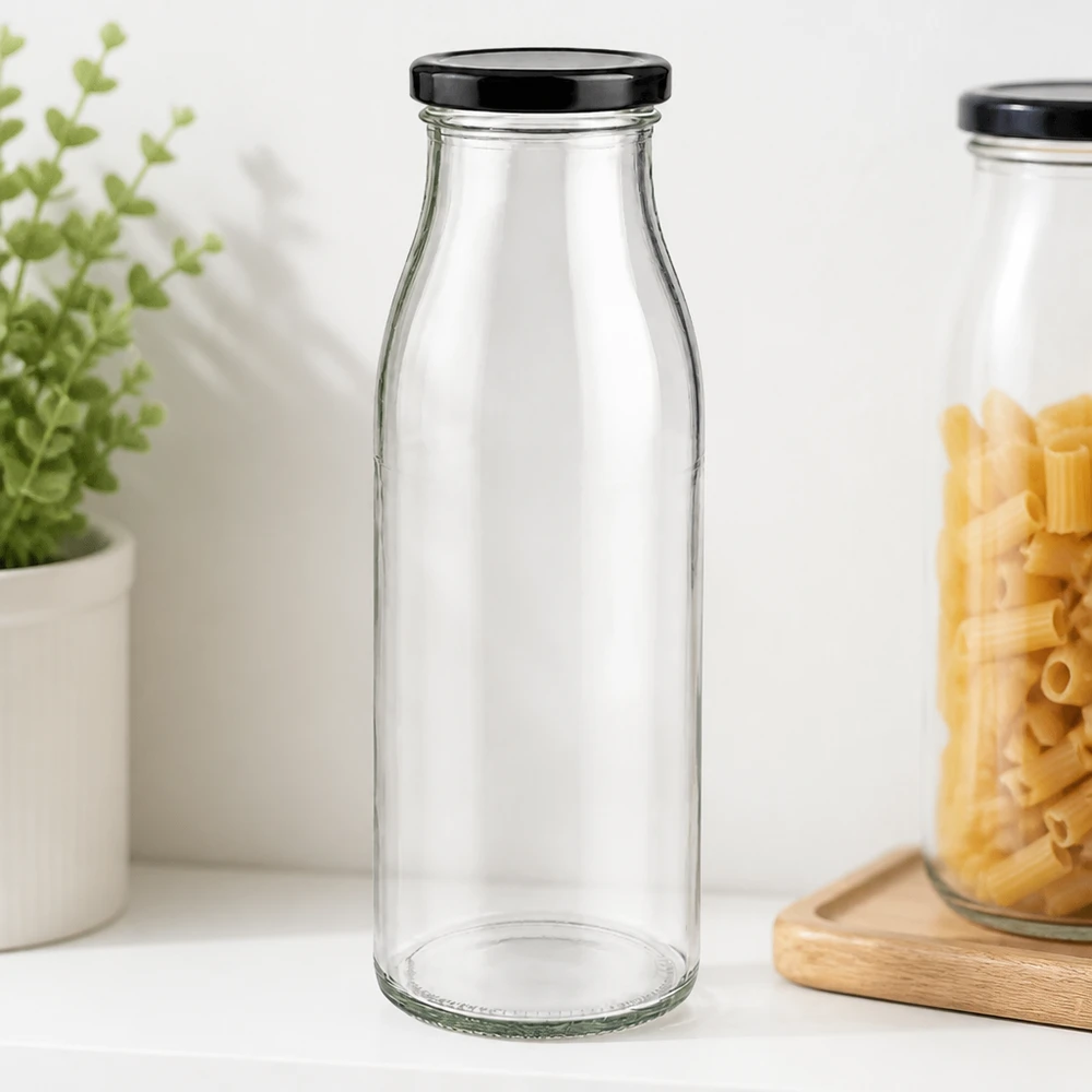 500ml Glasflasche transparent leer mit schwarzem BasicSeal Deckel in stylischer Kücheneinrichtung mit Pasta und Kräutern