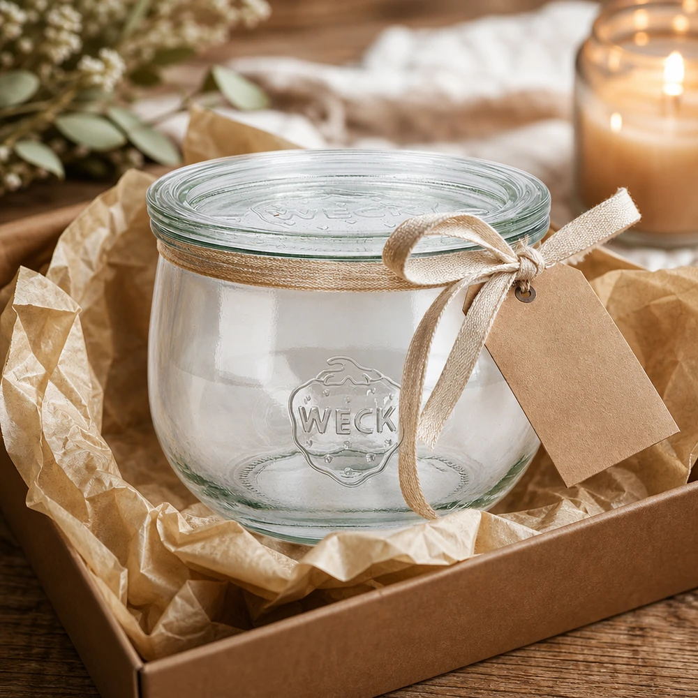 580ml Tulpenglas mit Glasdeckel WECK RR100 WECK Tulpenglas 580ml RR100 als Geschenkidee in Karton mit Dekoration Schleife und Anhänger präsentiert