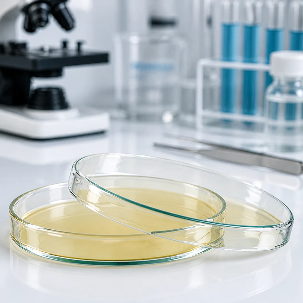 Petrischalen aus Glas 120x20mm mit Agar auf weißer Laborfläche neben Pinzette und Reagenzgläsern