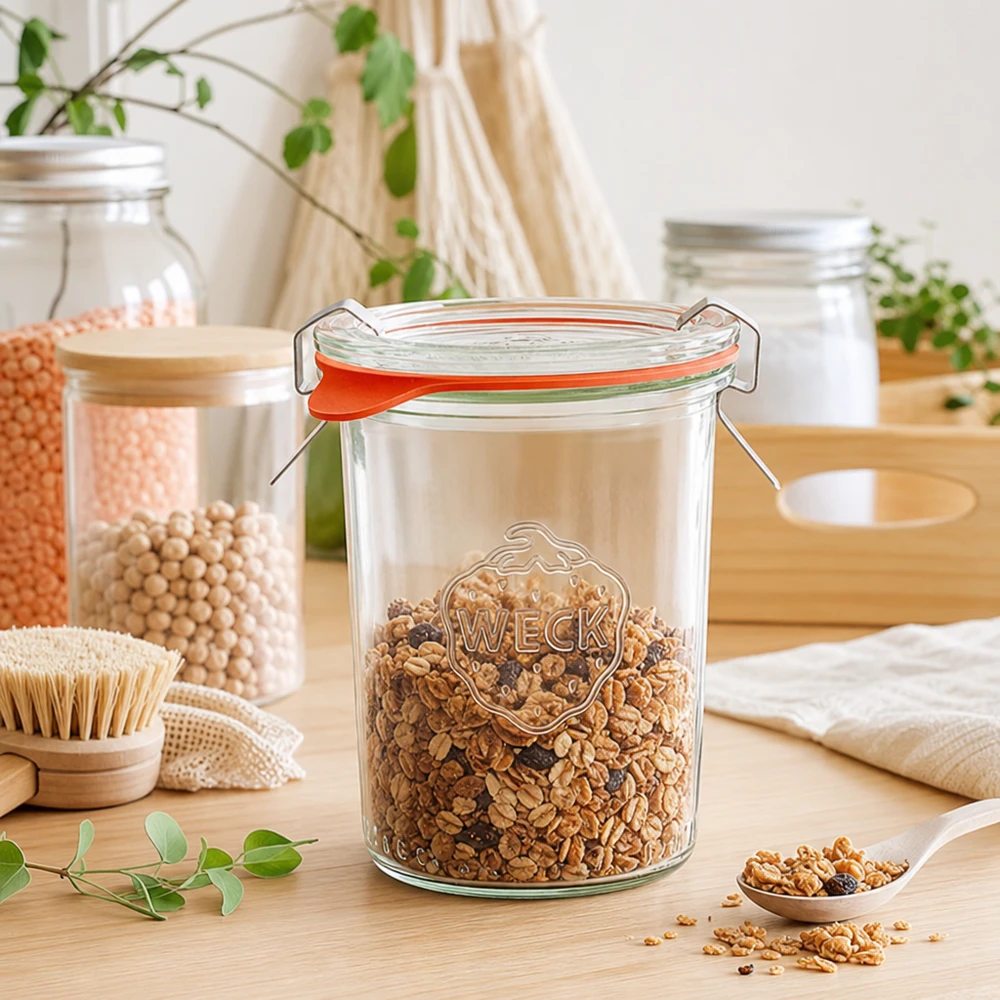 WECK Sturzglas 160ml RR60 mit Müsli befüllt in nachhaltiger Zero-Waste Küche für umweltfreundliche Aufbewahrung