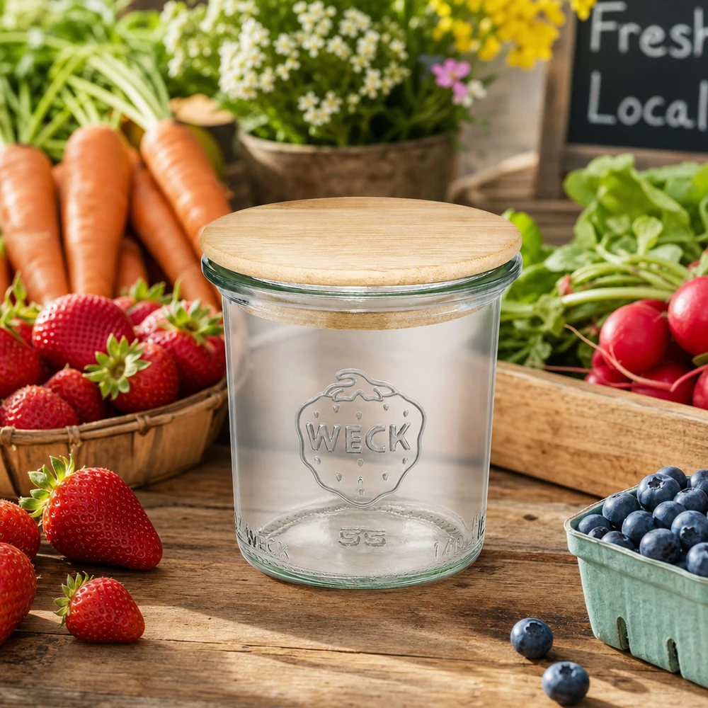 WECK Sturzglas 140ml RR60 mit Holzdeckel umgeben von frischem Gemüse Obst auf Holztisch Bauernmarkt Atmosphäre