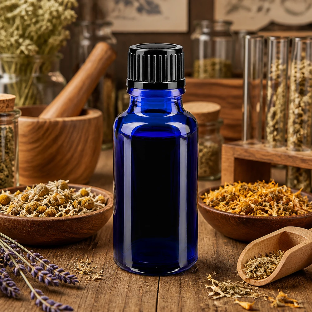 Apothekenflasche blau 20ml Tropfverschluss 1mm schwarz Standard Blaue Tropferdosiererflasche 20ml ApoGlas neben getrockneten Heilkräutern und Lavendel