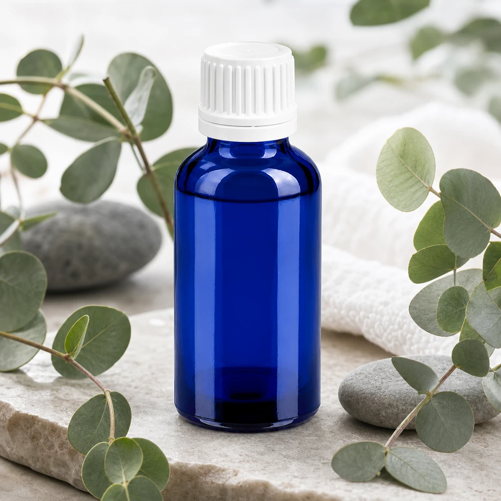 30ml Flasche 11mm Schraubverschluss weiß Originalitätsverschluss BlueLine UT18/30 Präzise 30ml Dosierflasche aus blauem Glas mit weißem Verschluss für exakte Portionierung
