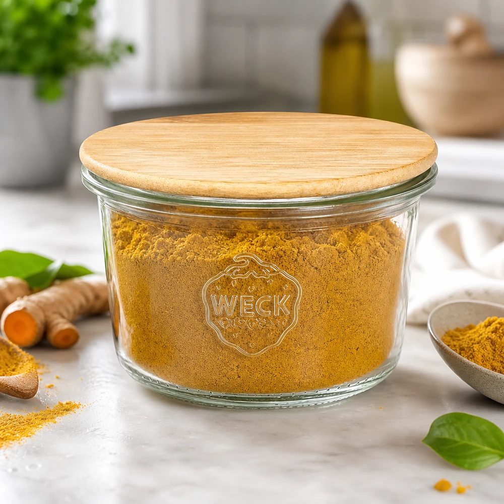 80ml Sturzglas WECK RR60 mit Holzdeckel WECK Sturzglas 80ml RR60 mit Bambusdeckel gefüllt mit Kurkuma Gewürz in moderner Küche mit frischen Wurzeln