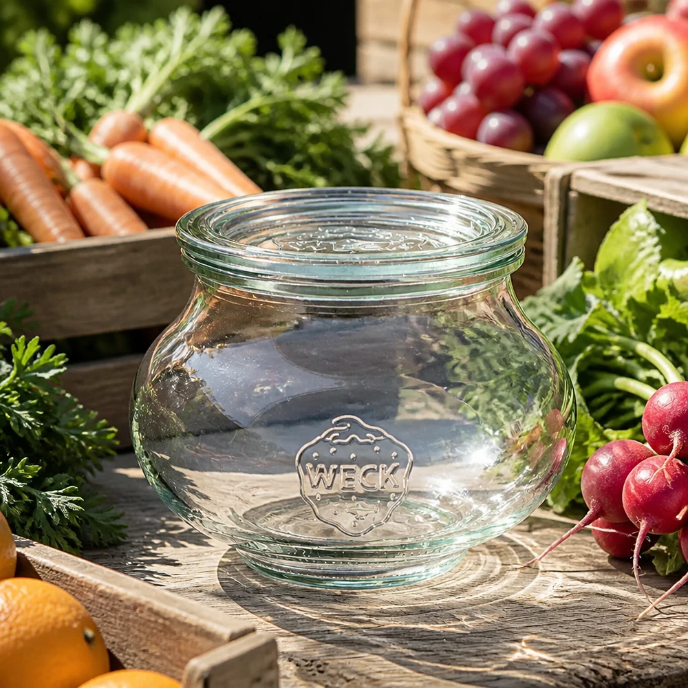 560ml Schmuckglas mit Glasdeckel WECK RR80 WECK Schmuckglas 560ml RR80 mit transparentem Glasdeckel zwischen frischem Gemüse Karotten Radieschen und Obst