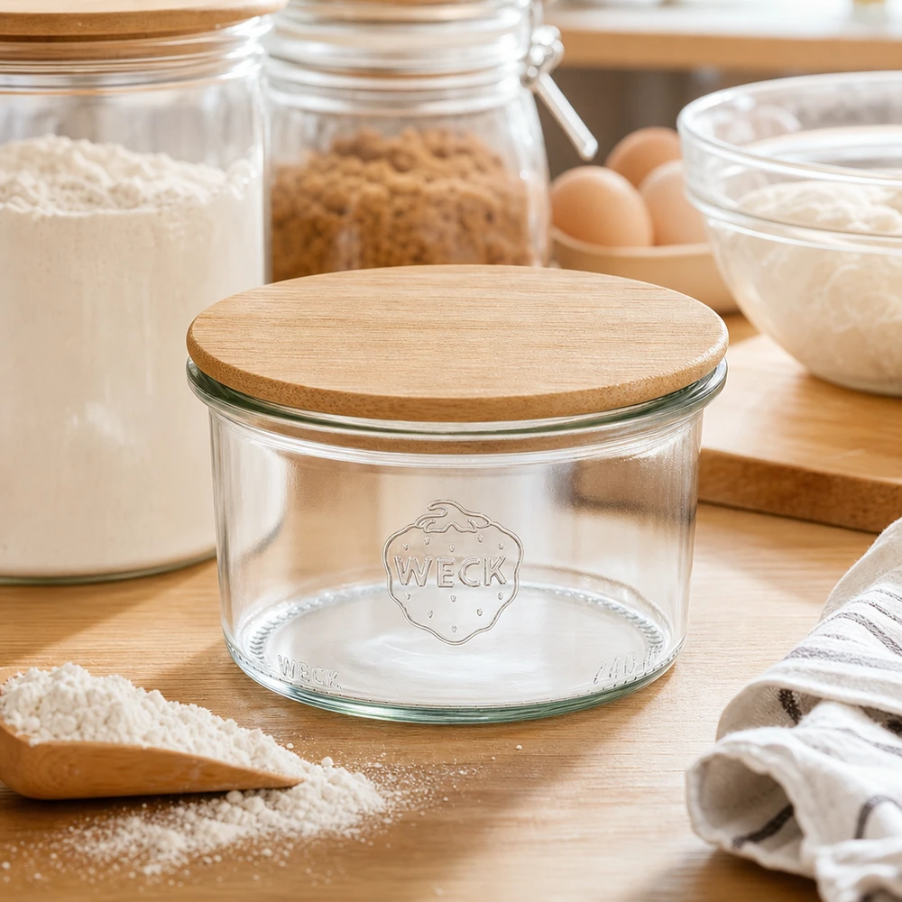 200ml Sturzglas WECK RR80 mit Holzdeckel WECK Sturzglas 200ml RR80 mit Holzdeckel in natürlicher Küchenumgebung zwischen Backzutaten und Vorratsgläsern