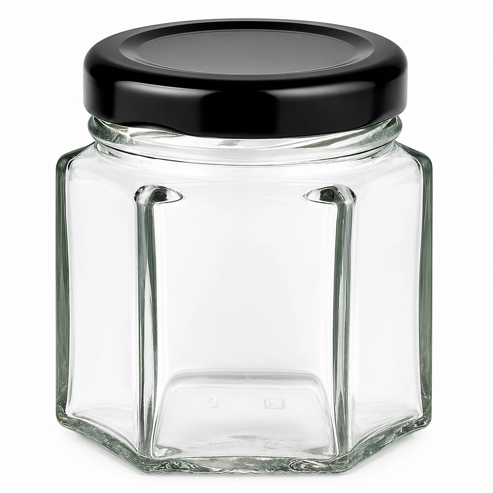 47ml Hexaglas mit schwarzem BasicSeal Deckel - sechseckiges Glasgefäß für Lebensmittel und Aufbewahrung