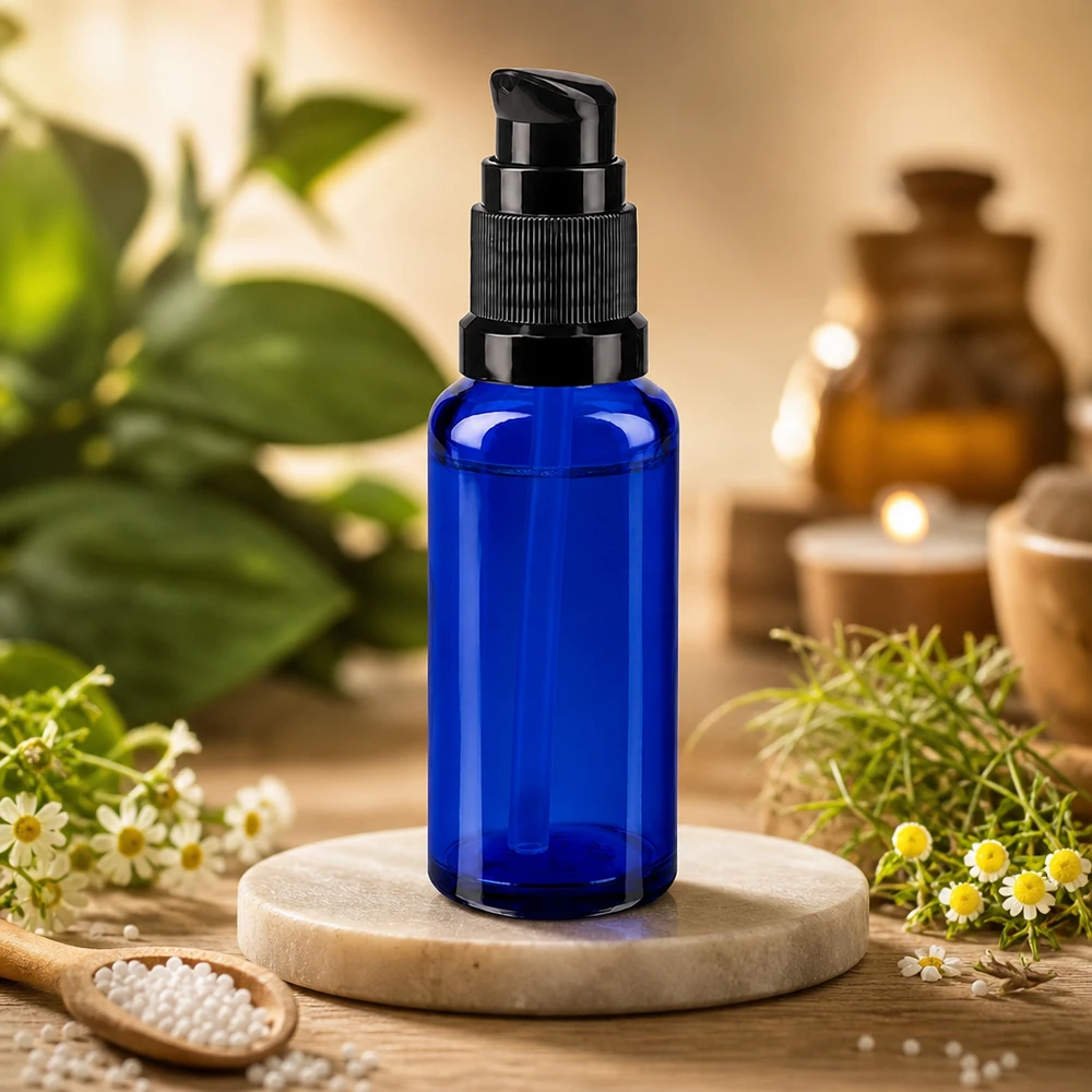 Blaue 30ml Tropfflasche mit schwarzer Dosierpumpe neben Holzlöffel und Wildblumen
