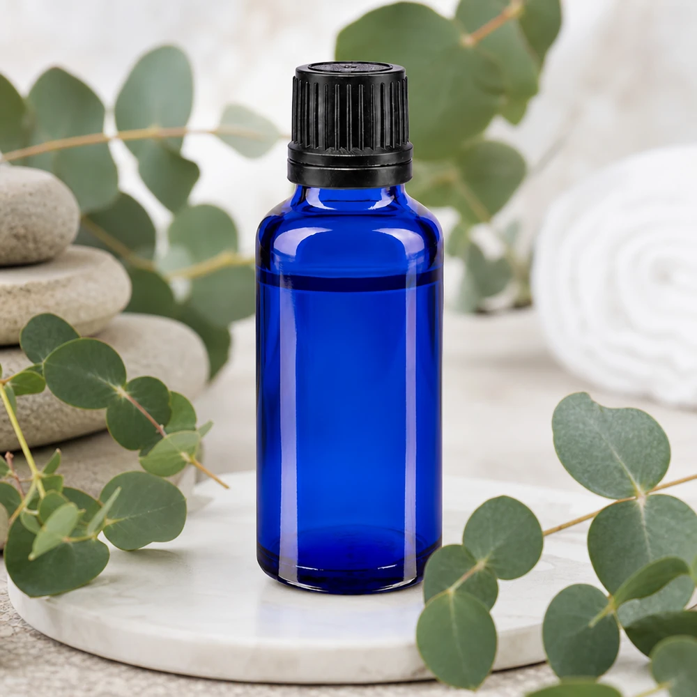Apothekenflasche blau 30ml Tropfverschluss Giessring 1mm schwarz Originalitätsverschluss Hochwertige blaue 30ml Flasche aus Apothekenglas mit schwarzem Sicherheitsverschluss OV