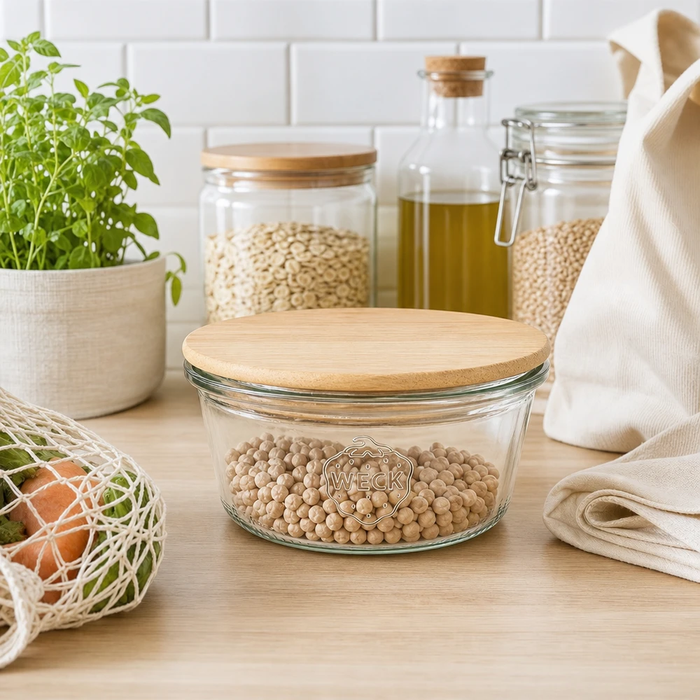 290ml Sturzglas niedrig WECK RR100 mit Holzdeckel WECK Sturzglas 290ml RR100 mit Bambus-Holzdeckel in nachhaltiger Küche mit Hülsenfrüchten, Zero-Waste-Konzept