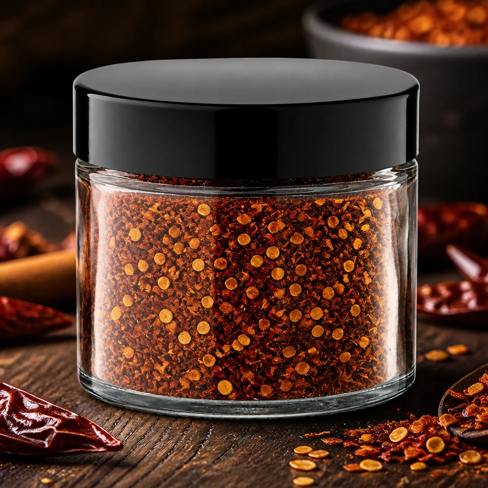 Kompakter 30ml Tiegel aus Klarglas mit Chilipulver und Kernen neben Trockenchilis