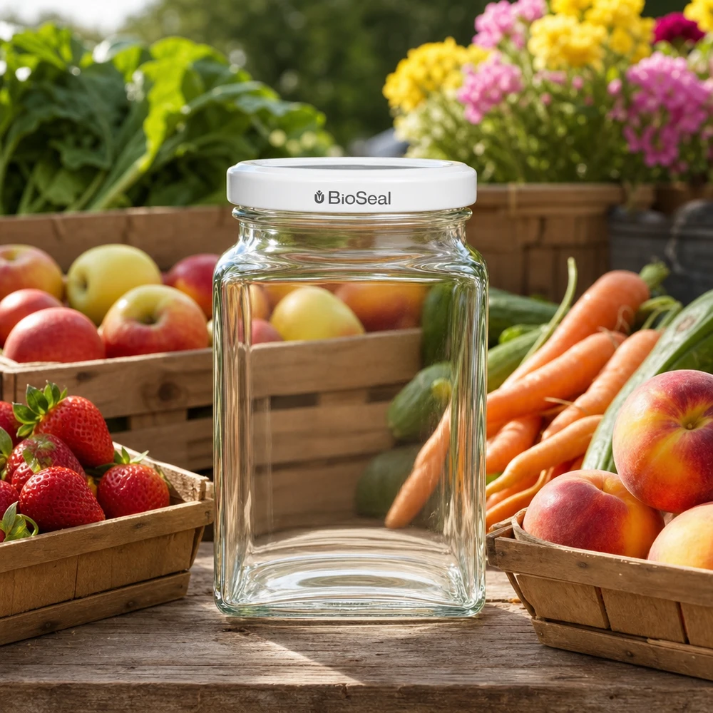 260ml Tetraglas + BioSeal Deckel weiß UNiTWIST UNiTWIST Tetra260 Einmachglas leer auf Holztisch mit frischem Obst Gemüse weißer TO58 BioSeal Deckel Outdoor Garten