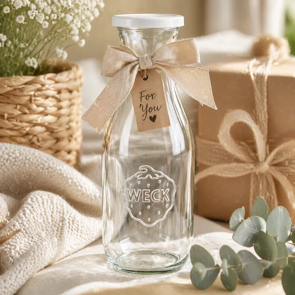 1062ml Saftflasche mit Frischedeckel WECK RR60 WECK Saftflasche 1062ml als Geschenk mit Schleife und For You Anhänger in rustikaler Deko-Szene