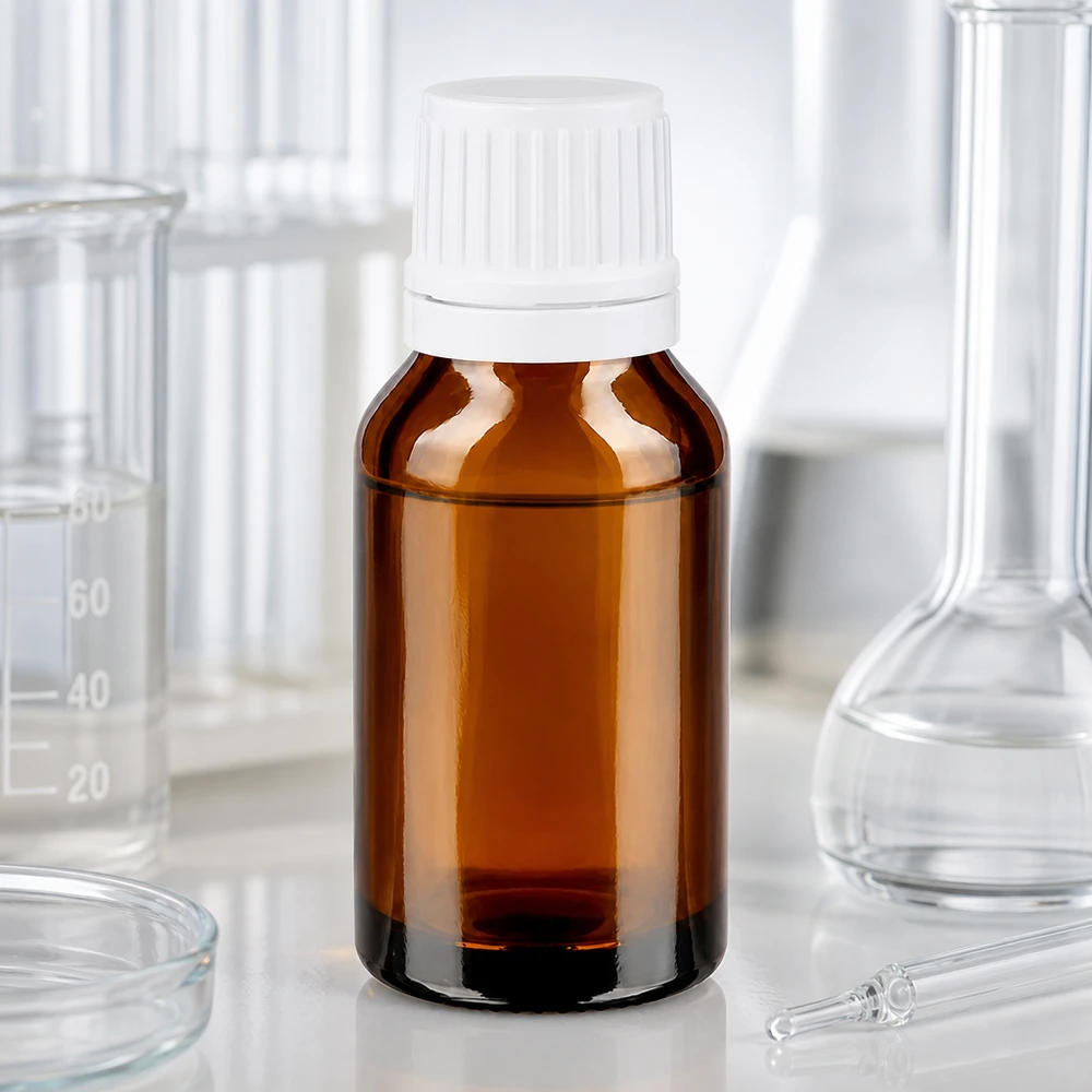 Apothekenflasche braun 15ml Tropfverschluss 1.2mm weiß Originalitätsverschluss Lichtschutzflasche Braunglas 15ml weißer Tropfverschluss umgeben von Laborglasgeräten