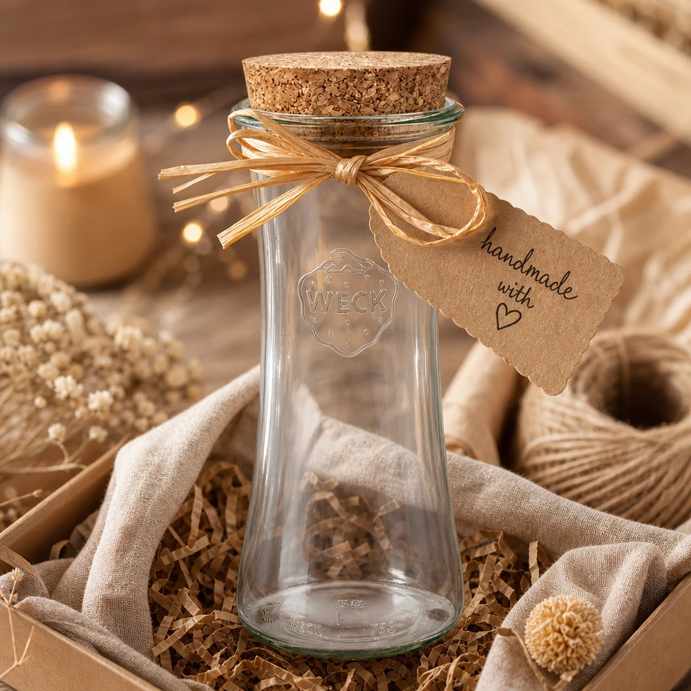 700ml Delikatessenglas WECK RR80 mit Korken natur WECK RR80 Glas 700ml mit Korken als handgemachtes Geschenk dekoriert mit Schleife und Anhänger in rustikaler Atmosphäre