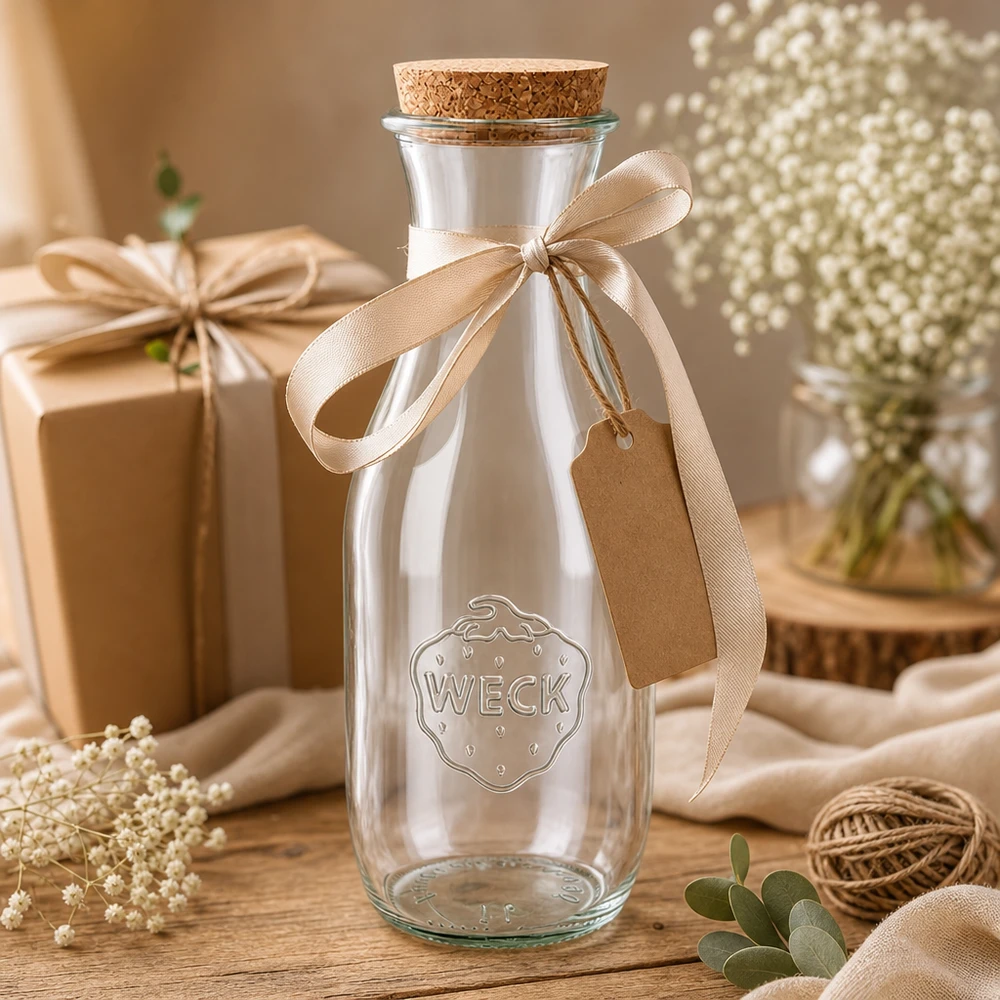 WECK Glasflasche 1062ml als Geschenk dekoriert mit beiger Schleife und Anhänger neben Schleierkraut und Geschenkbox