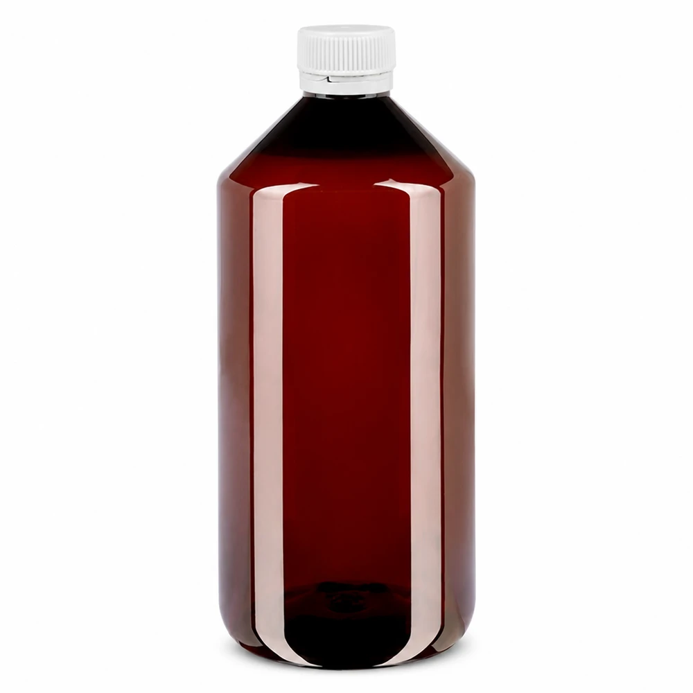 Pharma PET Flasche 1 Liter braun-transparent mit manipulationssicherem weißen Verschluss
