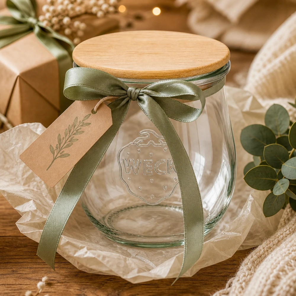 WECK Tulpenglas 220ml RR60 als Geschenk mit grüner Schleife und Anhänger - Einmachglas mit Holzdeckel dekorativ verpackt