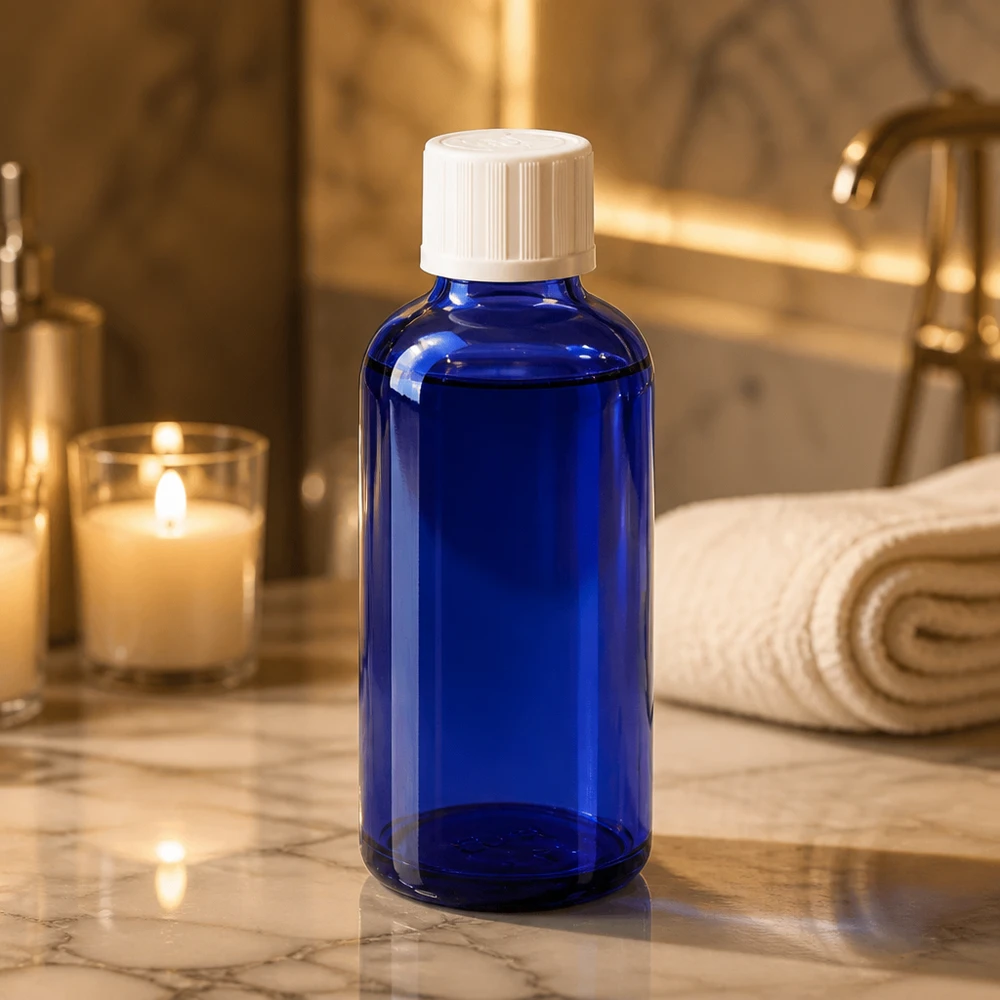 Apothekenflasche blau 50ml Tropfverschluss weiß Kindersicherung Standard Blaue 50ml Glasflasche mit Kindersicherheitsverschluss für ätherische Öle im Spa-Badezimmer