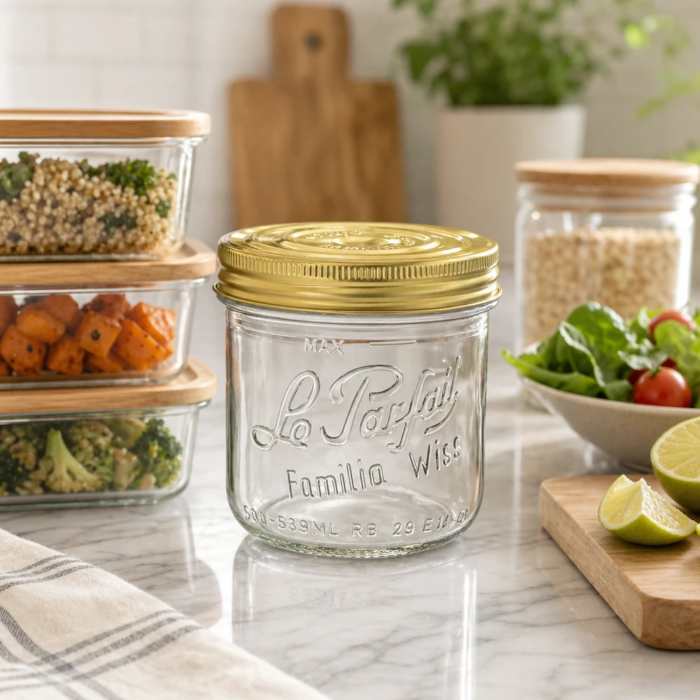 539ml Sturzglas Familia Wiss mit goldenem Deckel auf Küchentheke neben Vorratsdosen und frischen Lebensmitteln