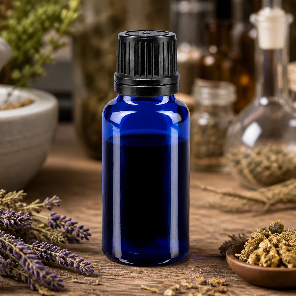 Apothekerglasflasche 20ml kobaltblau mit schwarzem OV für Aromatherapie und Naturkosmetik