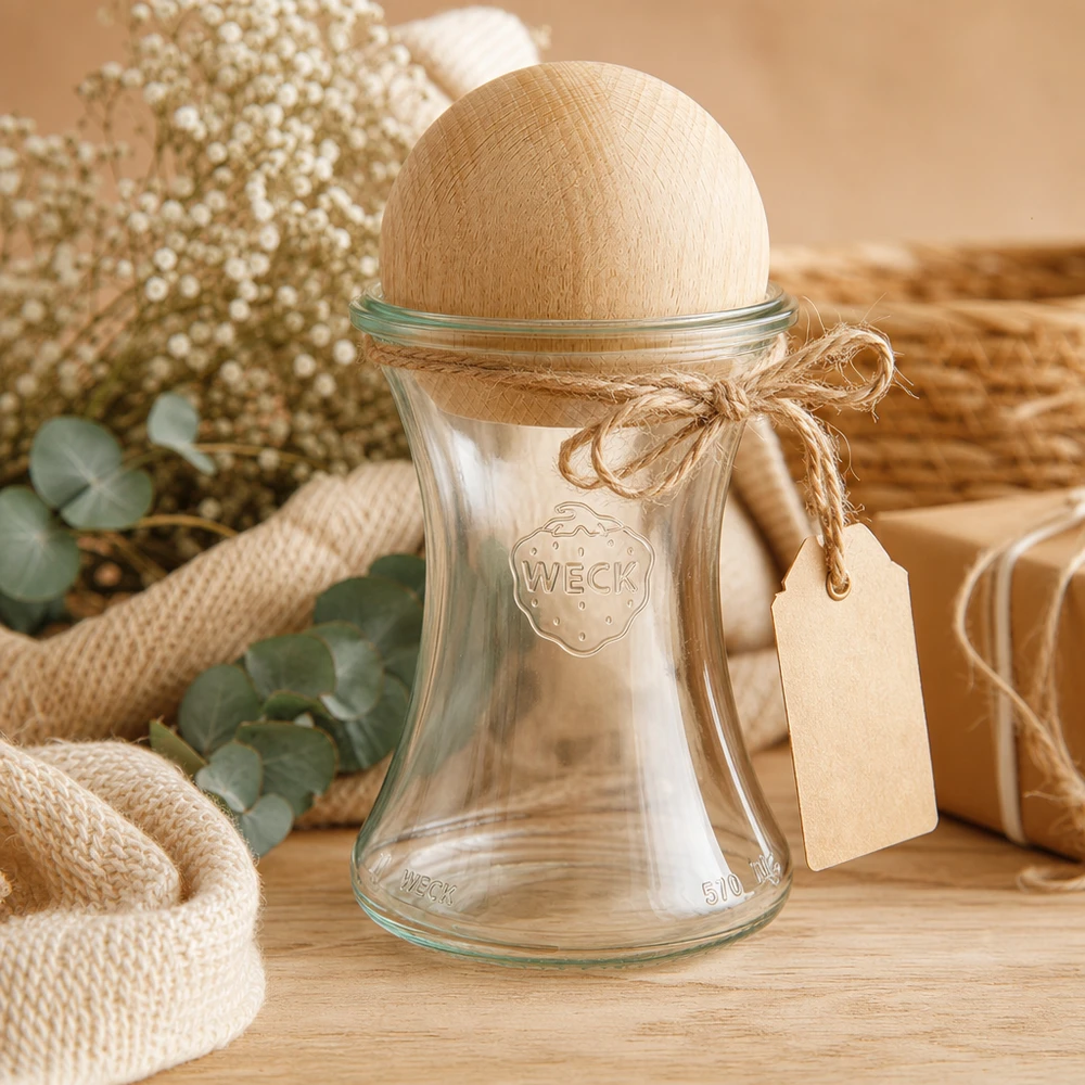 370ml Delikatessengl. WECK RR80 mit Holzkugel Buche WECK Delikatessengl 370ml RR80 Holzkugel Buche Geschenkverpackung Juteschnur Etikett natürliche Küchenausstattung