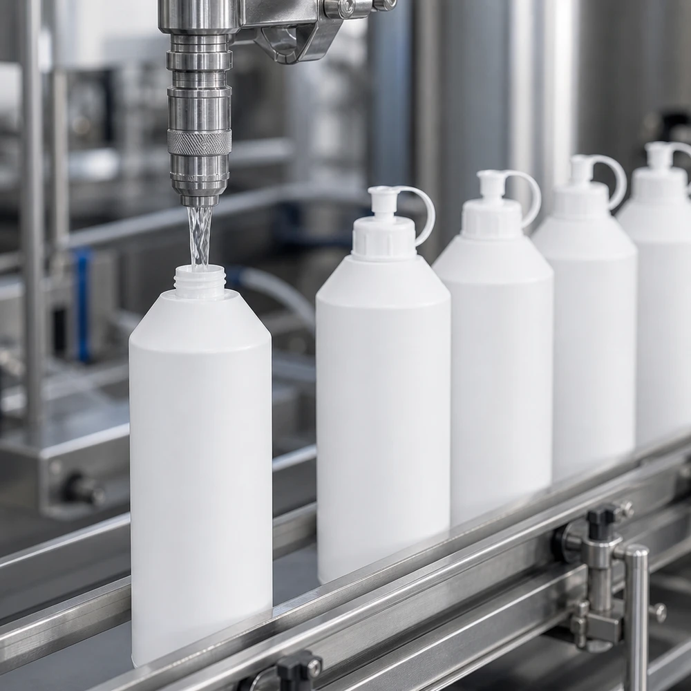 Befüllprozess HDPE Apothekenflaschen 250ml weiß mit Spritzverschluss in Pharmaproduktion