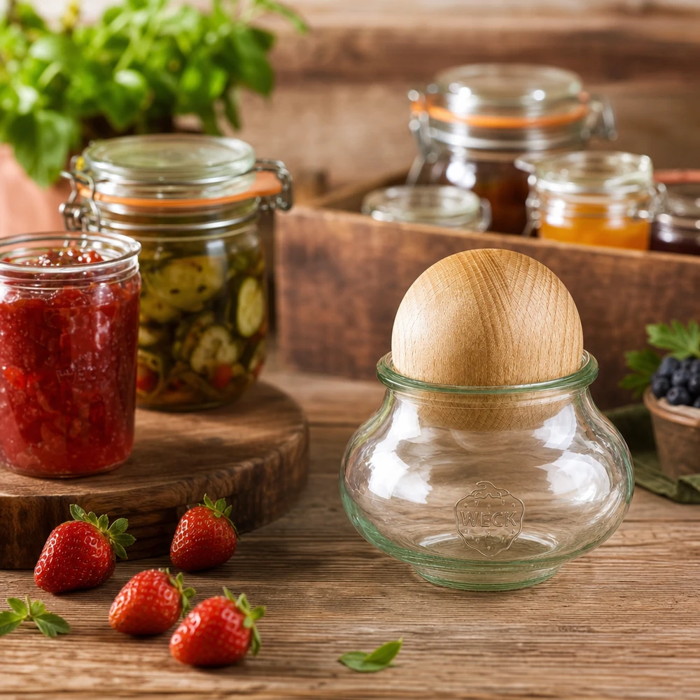 560ml Schmuckglas WECK RR80 mit Holzkugel Buche WECK Vorratsglas 560ml RR80 Holzkugel Buche Küchendeko mit Einmachgläsern Marmelade Erdbeeren Holzbrett
