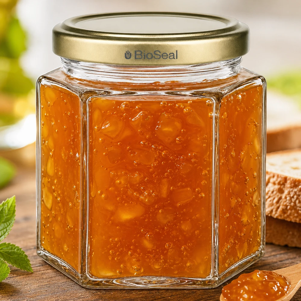 Hexagonales 520g Honigglas BioSeal mit Orangenmarmelade gefüllt auf Holzbrett neben Brot und Minze