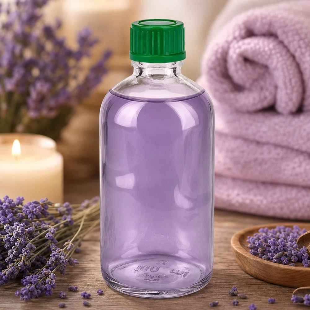 Lila Pflegeöl in durchsichtiger 100ml Flasche ClearLine UT18/100 grüner Kunststoffdeckel