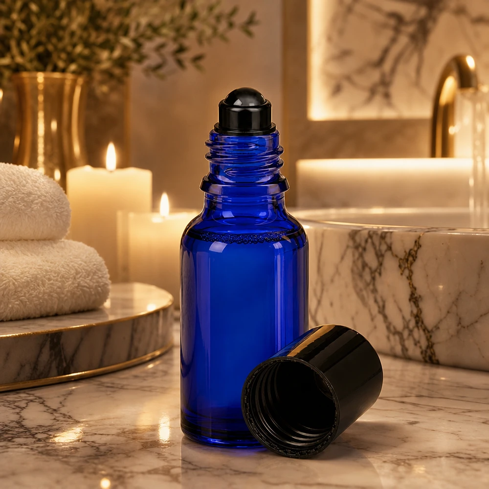 Apothekenflasche blau 20ml Roll-On Verschluss schwarz Roll-On Flasche 20ml Blauglas mit schwarzer Kugel in elegantem Spa-Setting