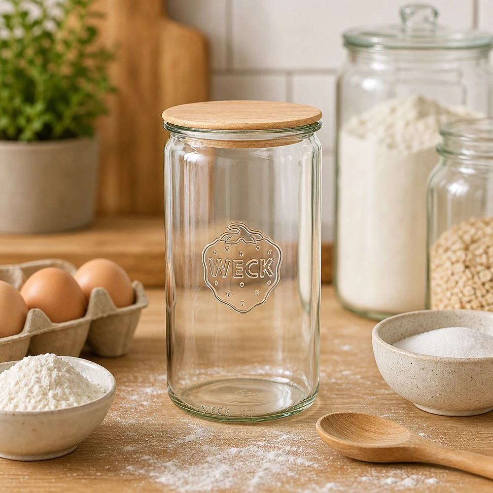 WECK Glas 1590ml RR100 leer in Backküche mit Mehl Eiern und Backzutaten für Brotbacken und Teigzubereitung