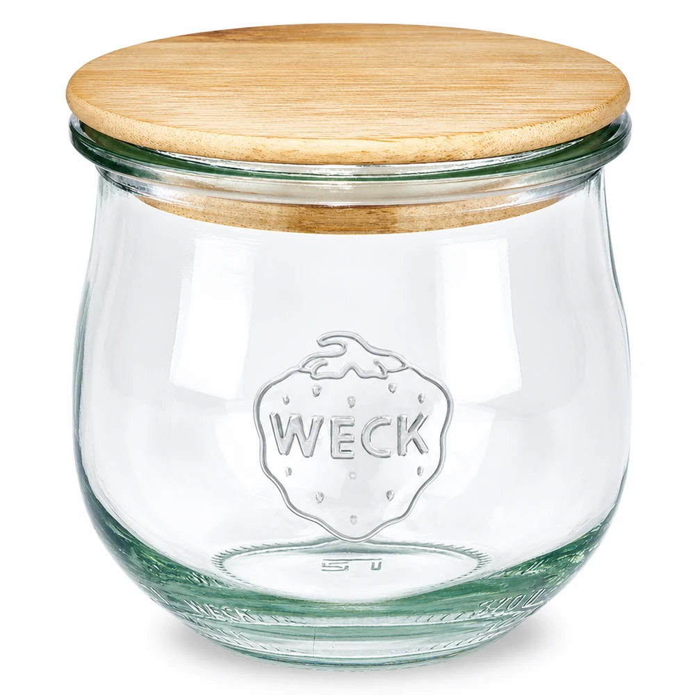 370ml Tulpenglas WECK RR80 mit Holzdeckel WECK Tulpenglas 370ml RR80 mit Holzdeckel Einmachglas Vorratsglas mit Glasdeckel aus Naturholz