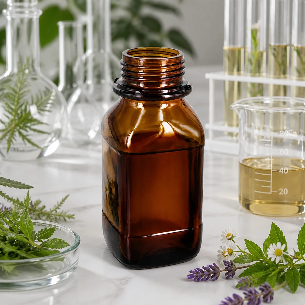Kompakte 250ml Chemikalienflasche aus getöntem Glas für mobile Laborarbeit