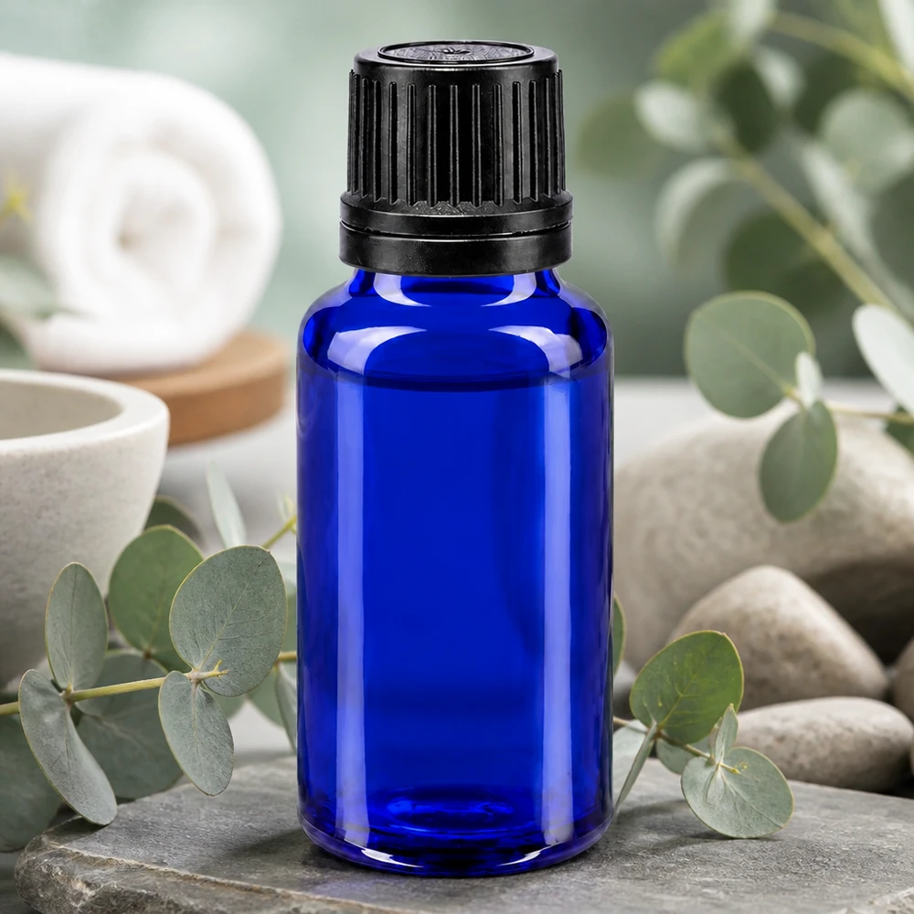 Apothekenflasche blau 20ml Schraubverschluss schwarz Giessring Originalitätsverschluss Dunkelblaue Lichtschutzflasche 20ml für empfindliche Öle und Essenzen mit manipulationssicherem Cap
