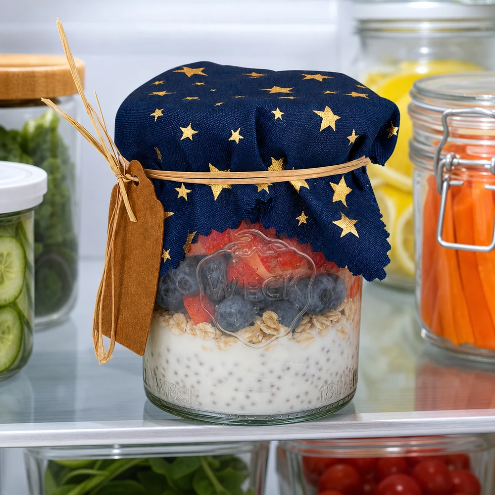 Stoff Schmuckdeckchen blau "Sterne" 12cm eckig Kühlschrank-Aufbewahrung mit blauem Sternen-Stoffdeckchen auf Overnight-Oats zwischen frischen Gurken und Säften