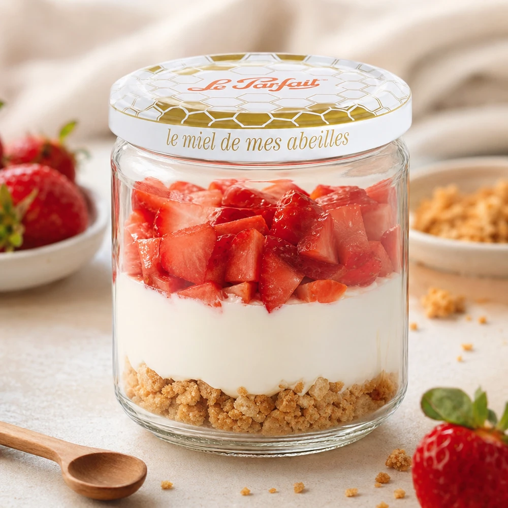 212ml Vorratsglas "Honey" mit Schraubdeckel Le Parfait® Le Parfait 212ml Honey Vorratsglas als Dessertschale mit Erdbeeren Joghurt und Keksboden geschichtet verwendet