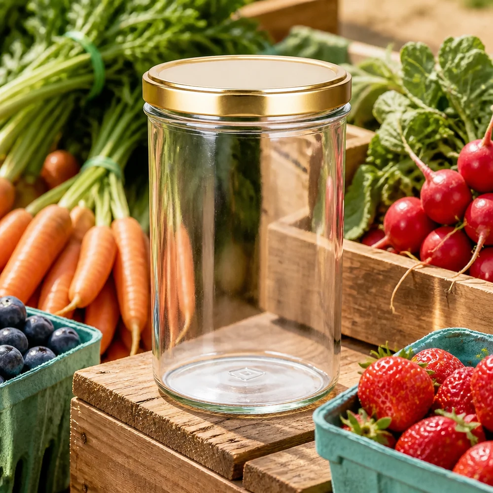 277ml Sturzglas mit BasicSeal Deckel gold UNiTWIST 277ml Sturzglas leer mit goldenem BasicSeal Deckel umgeben von frischem Gemüse Obst auf Holzkiste Marktstand