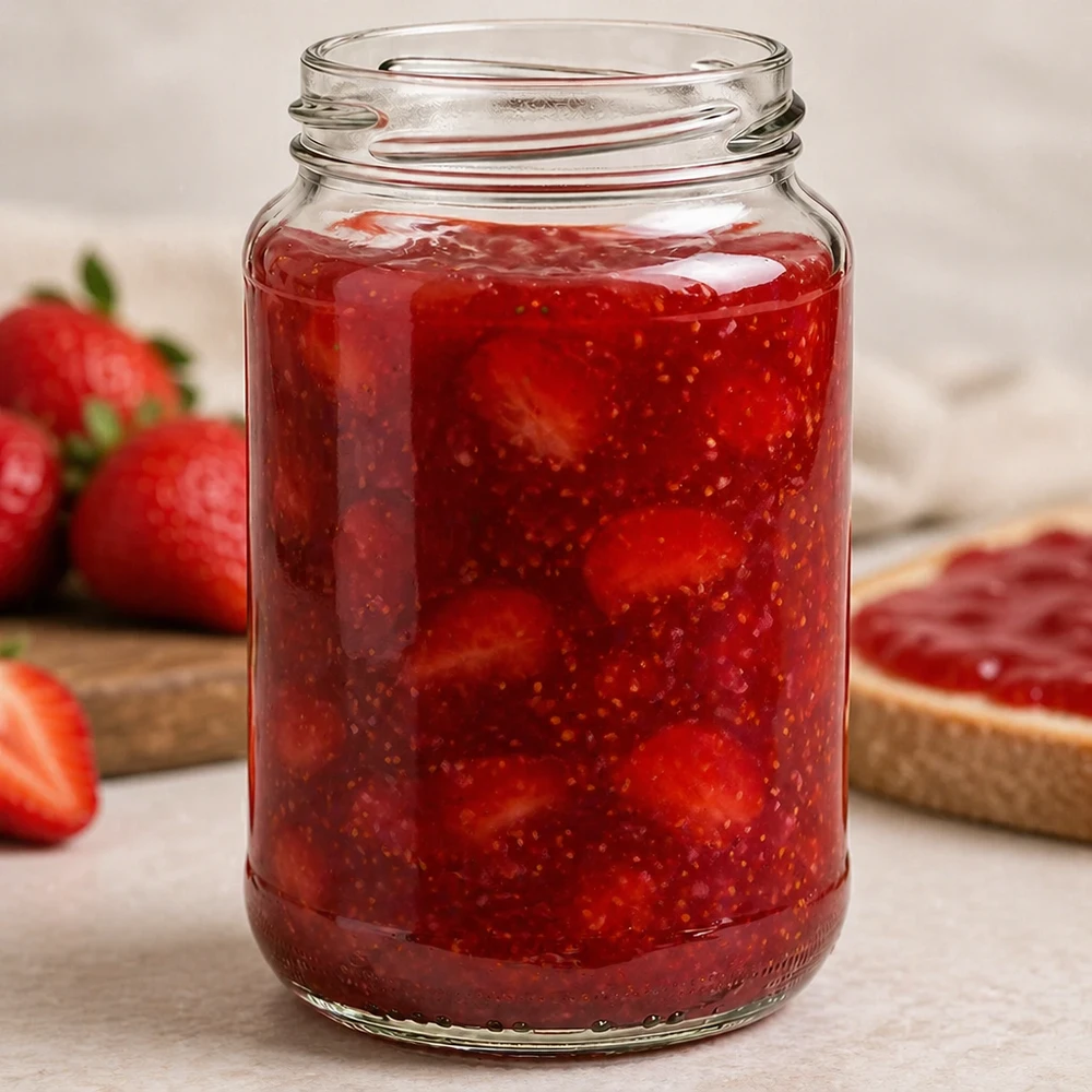 375ml Rundglas ohne Deckel (TO63) UNiTWIST UNiTWIST Runda375 Rundglas 375ml TO63 gefüllt mit selbstgemachter Erdbeermarmelade neben frischen Erdbeeren und Brot