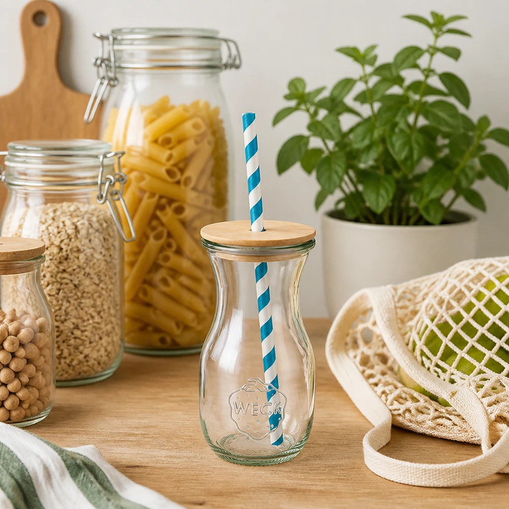 6 x WECK 290ml Saftflasche RR60 mit Holzdeckel und 100 Öko S WECK Saftflasche 290ml nachhaltige Küche Zero Waste Glasflaschen Vorratsgläser Pasta Holzdeckel Öko-Strohhalm