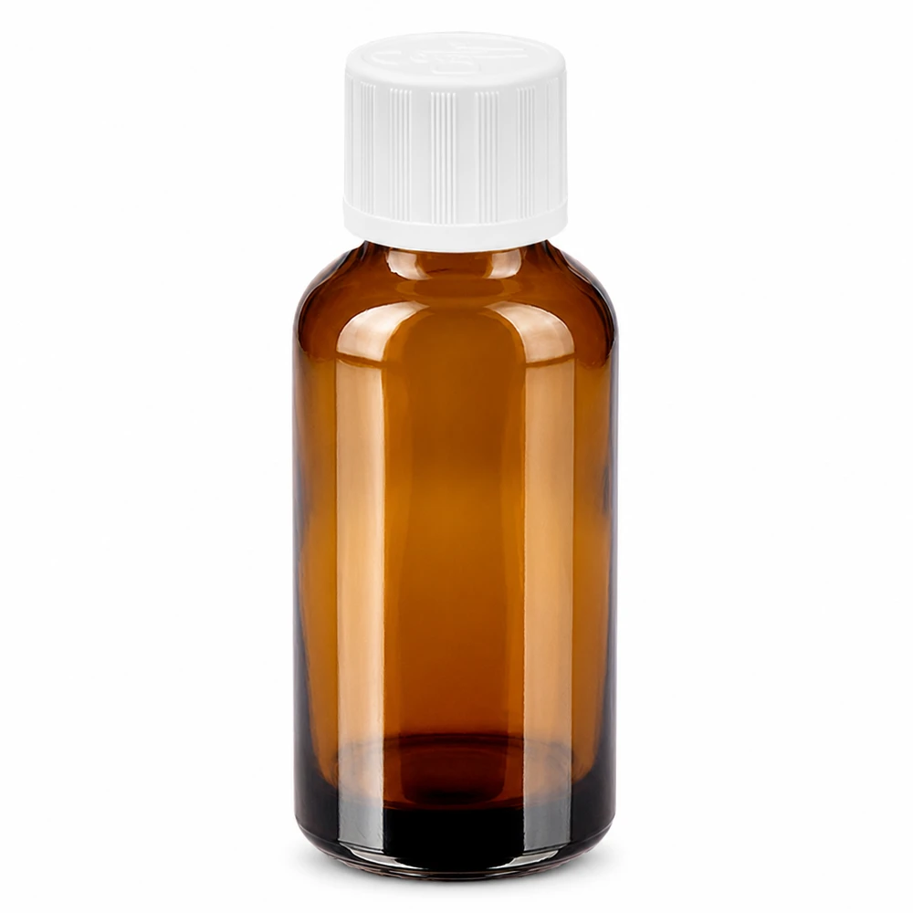 Kompakte braune Laborflasche 30ml mit weißem Schraubdeckel und UV-Schutz
