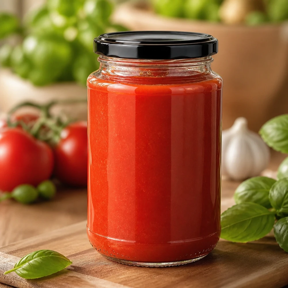 Luftdicht verschlossenes 320ml Rundglas UNiTWIST BasicSeal schwarz mit frischer Tomatensoße