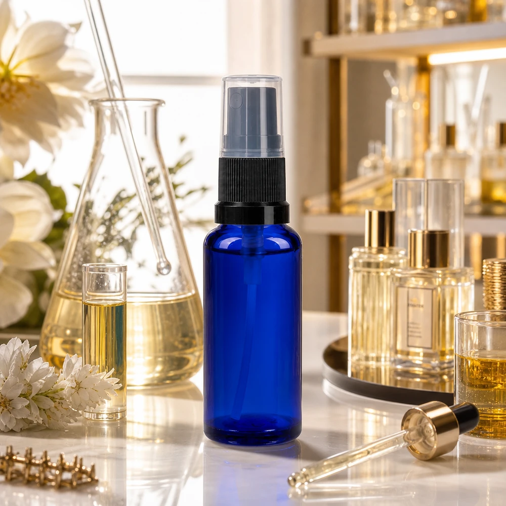 Apothekenflasche blau 30ml Sprayaufsatz schwarz 30ml blaues Apothekerglas Sprühfläschchen mit schwarzem Pumpkopf in eleganter Parfümerie-Umgebung