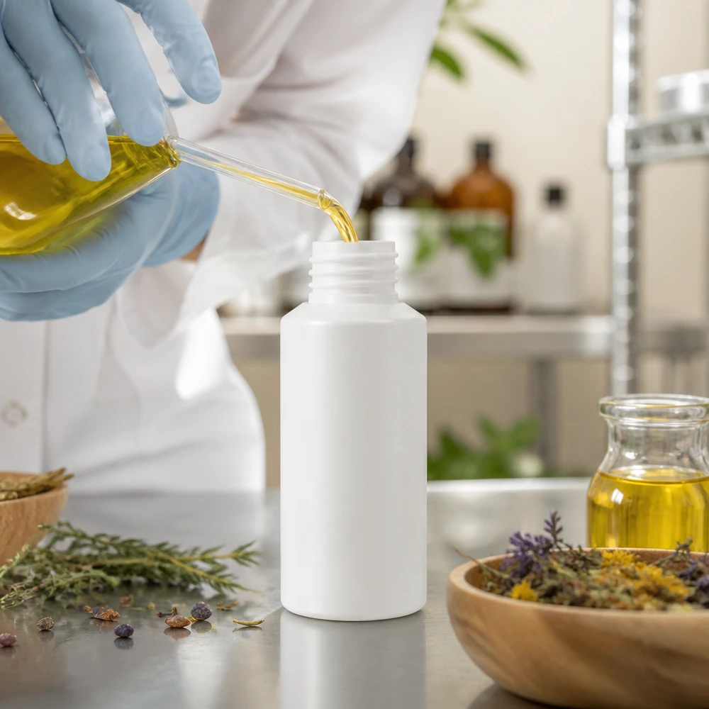 Weiße lichtundurchlässige HDPE Apothekenflasche 30ml für Naturextrakte und Kräuteröle im Einsatz