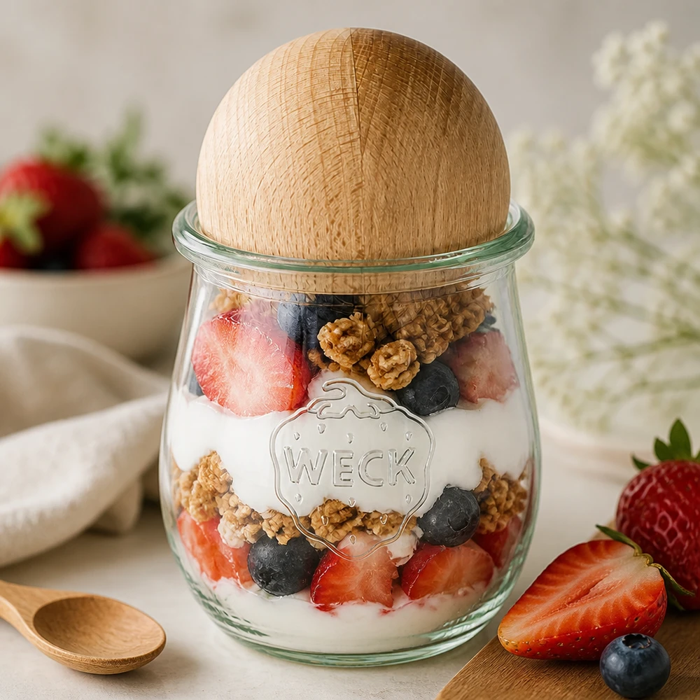 220ml Tulpenglas WECK RR60 mit Holzkugel Buche WECK Tulpenglas RR60 220ml als Joghurt-Parfait mit Beeren und Nüssen, Buchenholzkugel-Verschluss für Desserts