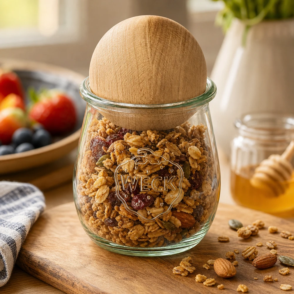 220ml Tulpenglas WECK RR60 mit Holzkugel Buche WECK Tulpenglas 220ml mit Buchenkugel gefüllt mit Nüssen und Trockenfrüchten, Vorratsglas Küchenszenerie