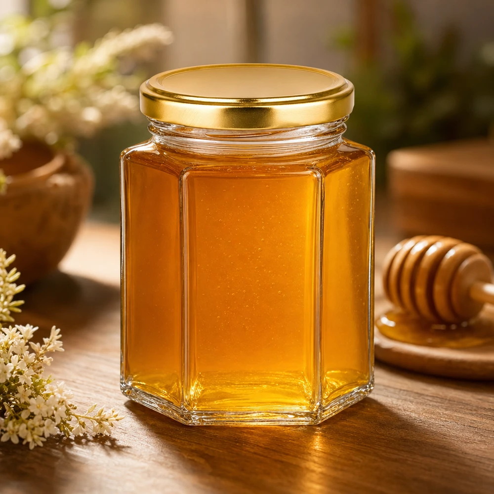 250g Honigglas mit goldenem Deckel BasicSeal UNiTWIST 250g Honigglas hexagonal BasicSeal goldener Deckel mit Honig gefüllt neben Honiglöffel auf Holztisch Naturprodukt