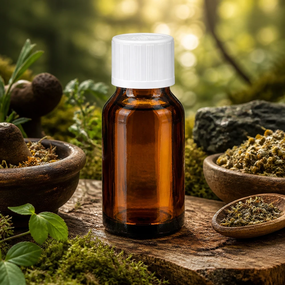 Apothekenflasche braun 30ml Tropfverschluss weiß Kindersicherung Standard Ätherisches Öl Flasche 30ml Braunglas KiSi weiss auf rustikalem Holz mit grünen Naturmaterialien