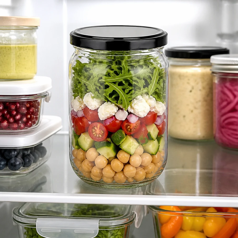 555ml Rundglas BasicSeal schwarz für Salataufbewahrung mit Kichererbsen Gurken Tomaten